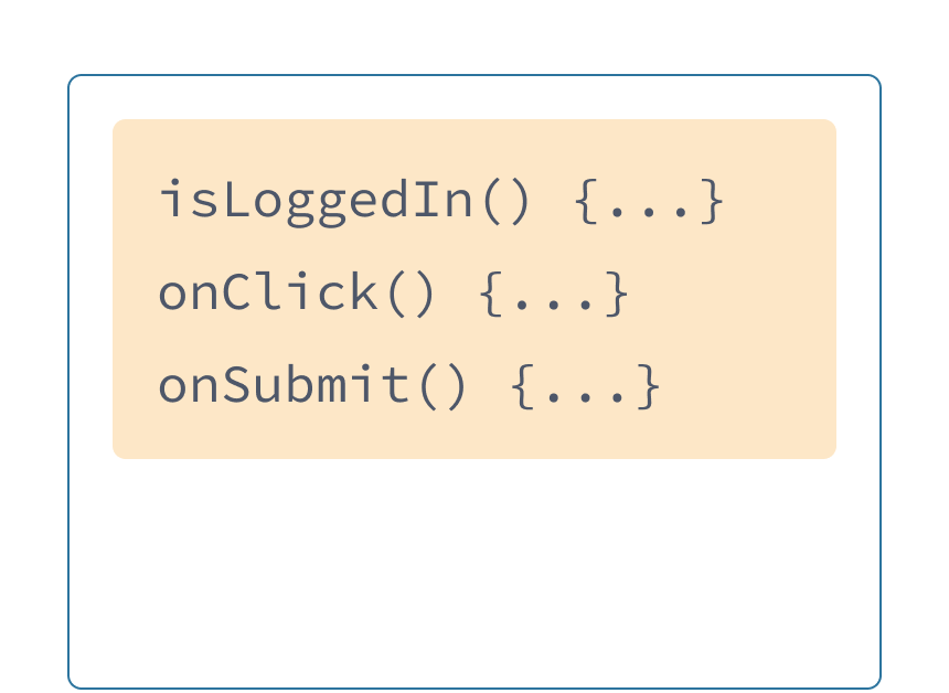 Trois gestionnaires JavaScript sur un fond sable : onSubmit, onLogin et onClick.